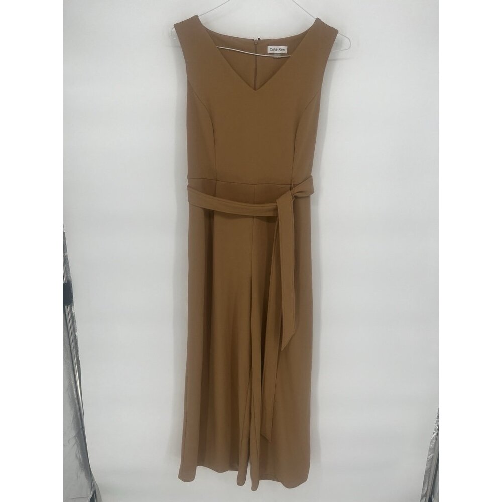 CALVIN KLEIN  V- NECK,  CROPPED FLARE LEG JUMPSUIT,  TAN ,‎ SIZE 10